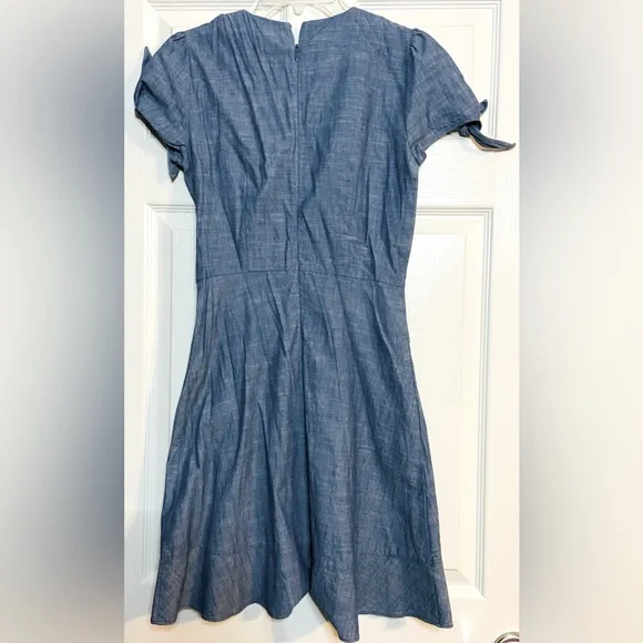 J. Crew Size 0 Denim Chambray Faux Wrap Ruffle Dress Tie Bow Cap Sleeves - Picture 3 of 3